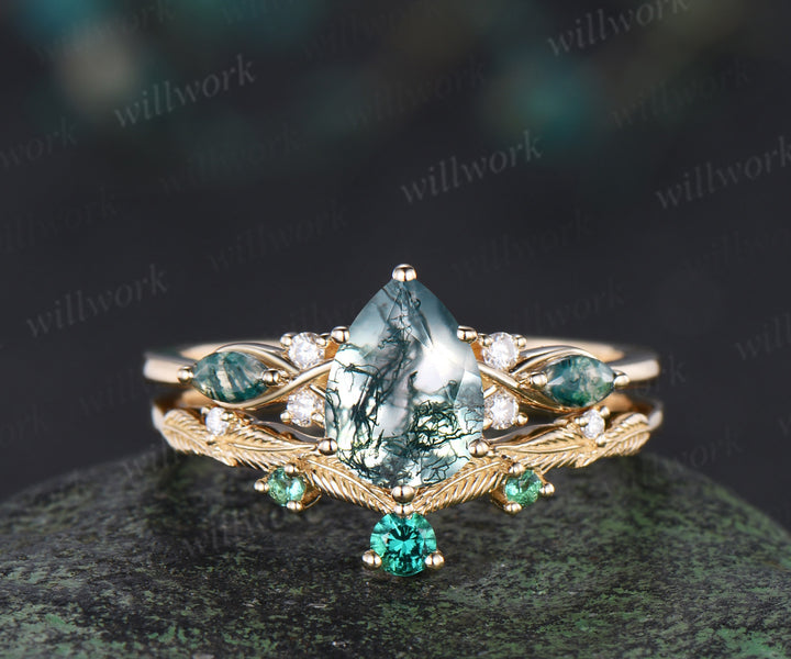 Nature inspired pear moss agate ring set marquise moss agate seven stone ring art deco emerald moissanites wedding band unique bridal set