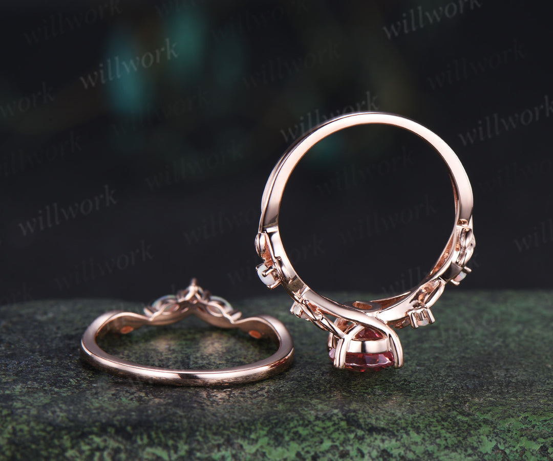 Pear cut natural pink tourmaline leaf engagement ring set nature inspired twig accent opal ring bridal set