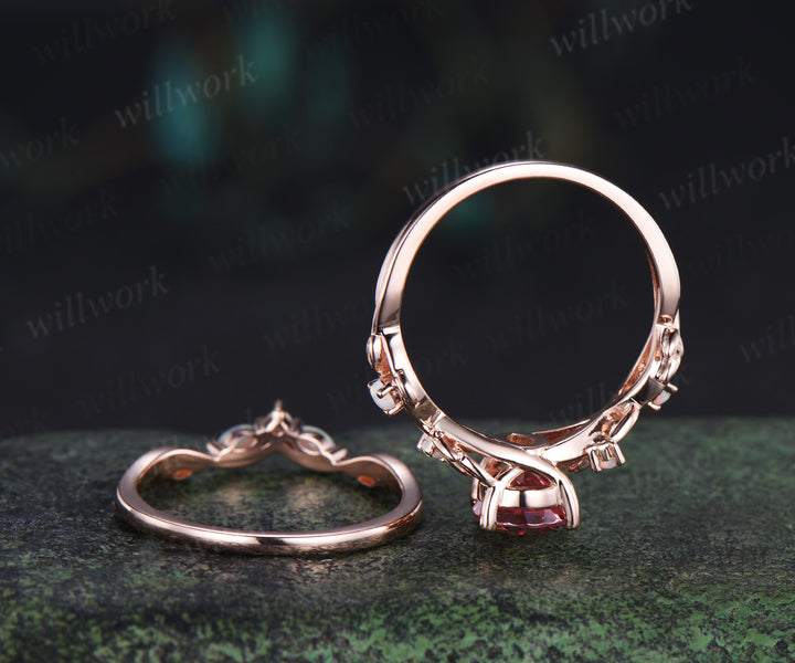 Pear cut natural pink tourmaline leaf engagement ring set nature inspired twig accent opal ring bridal set