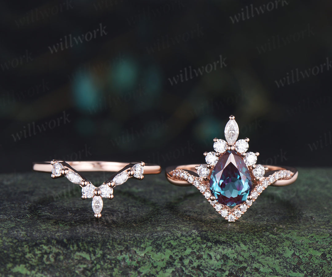 Pear Alexandrite engagement ring set halo art deco moissanite twisted ring set curved matching wedding band jewelry set