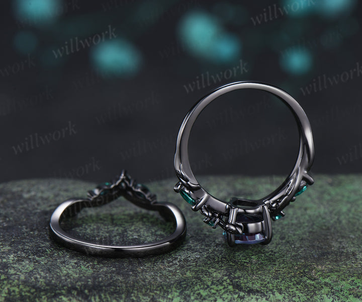 Pear alexandrite ring set unique twig vine teardrop emerald accent ring unique bridal set jewelry gifts