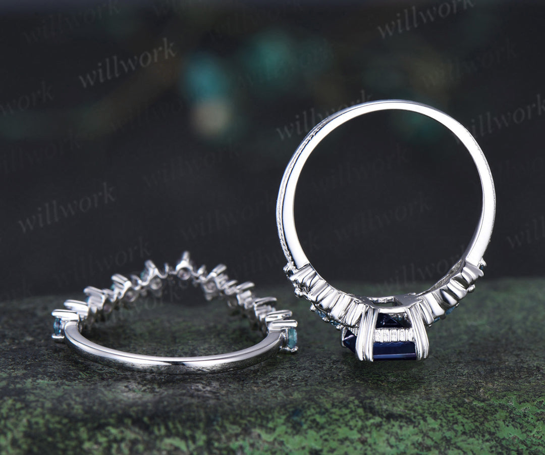 Vintage emerald cut sapphire engagement ring set unique filigree art deco London blue topaz ring half eternity alexandrite wedding band bridal set