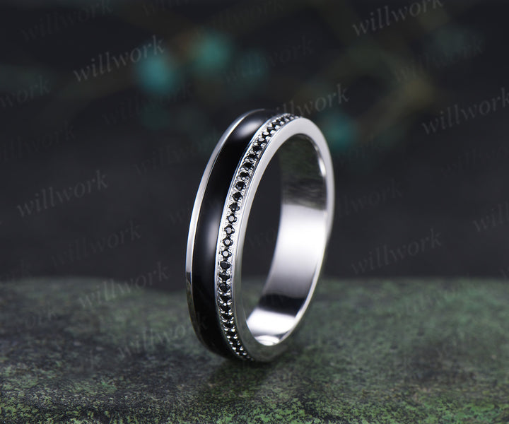 Pear Cut Black Onyx Leaf Twig Bridal Ring Set & Full Eternity Black Onyx Black Spinels Men Ring Unique Couple Ring Set