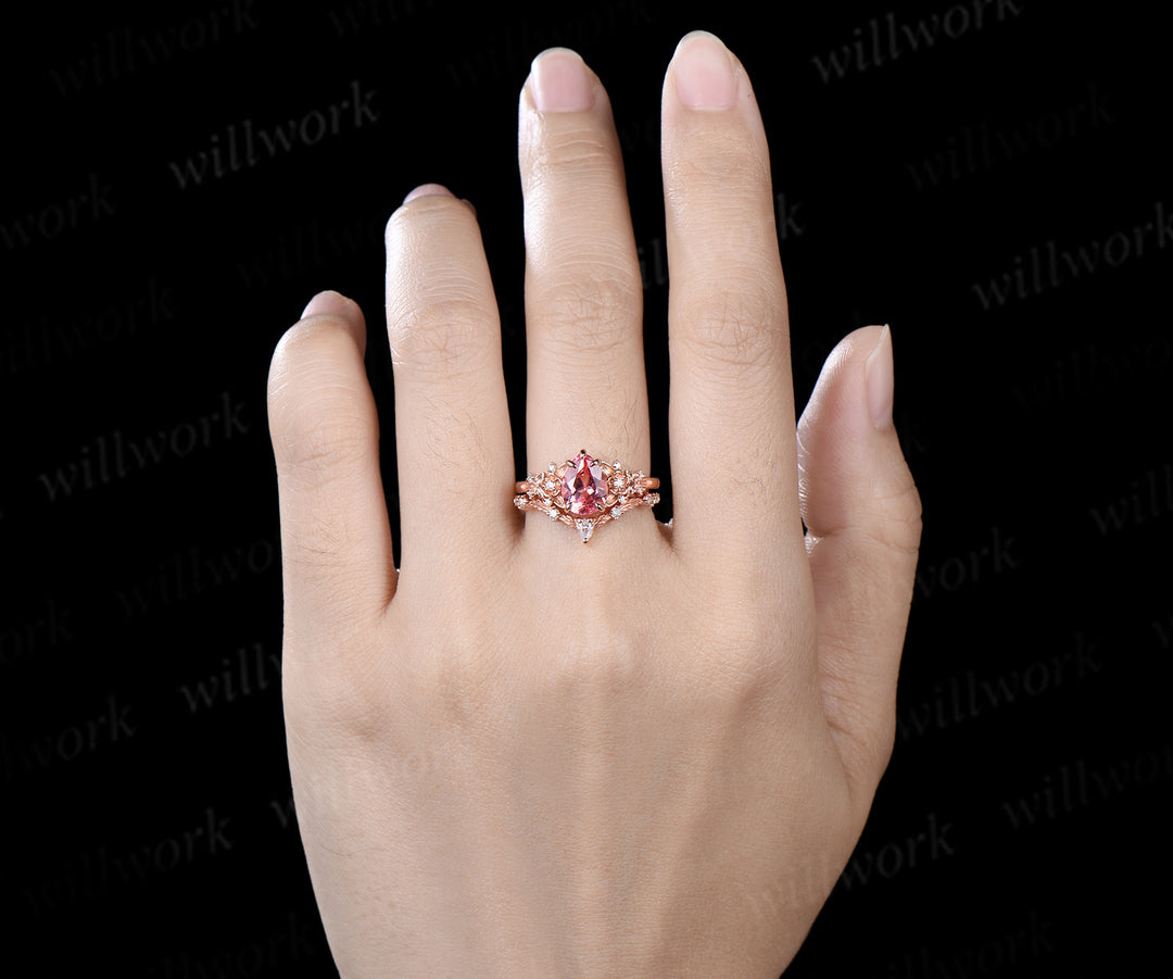 Vintage pear padparadscha pink sapphire bridal set 5 claw prong leaf floral moissanite wedding promise ring