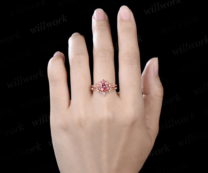 Vintage pear padparadscha pink sapphire bridal set 5 claw prong leaf floral moissanite wedding promise ring