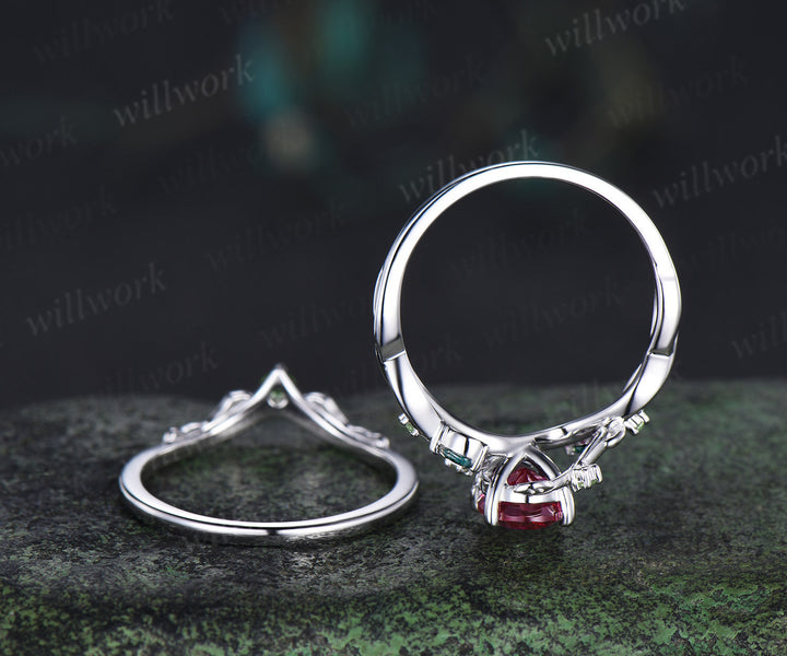 Oval cut ruby engagement ring set split shank marquise moss agate leaf infinity ring peridot vines wedding band