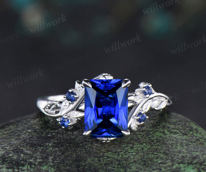 Vintage Radiant cut sapphire engagement ring twig leaf nature inspired sapphire ring art deco matching band unique bridal set