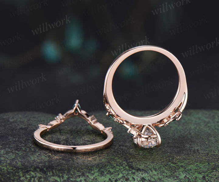 Vintage oval cut lab grown diamond engagement ring set leaf twig moss agates ring natural inspired bridal set