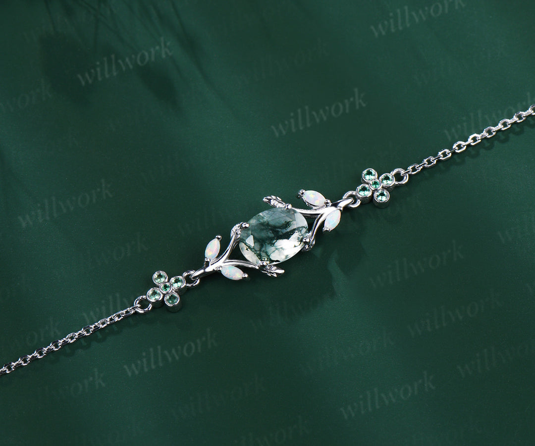 Oval cut moss agate marquise opal leaf bracelet emeralds clover adjustable bracelet nature inspired jewelry for women