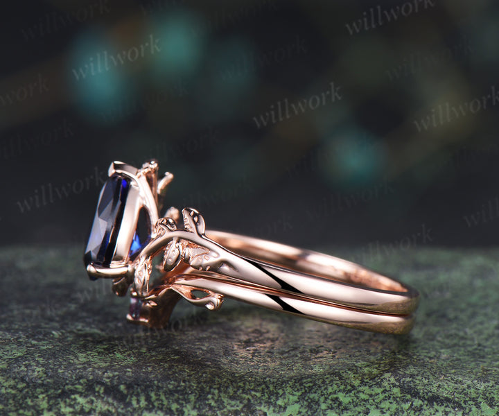 Pear sapphire leaf engagement ring set vintage solitaire twig ring alexandrite matching band bridal set