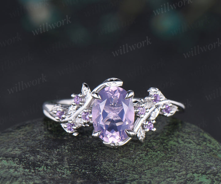 Vintage oval cut Lavender Amethyst engagement ring set amethyst leaf ring curved marquise purple crystal band unique bridal set