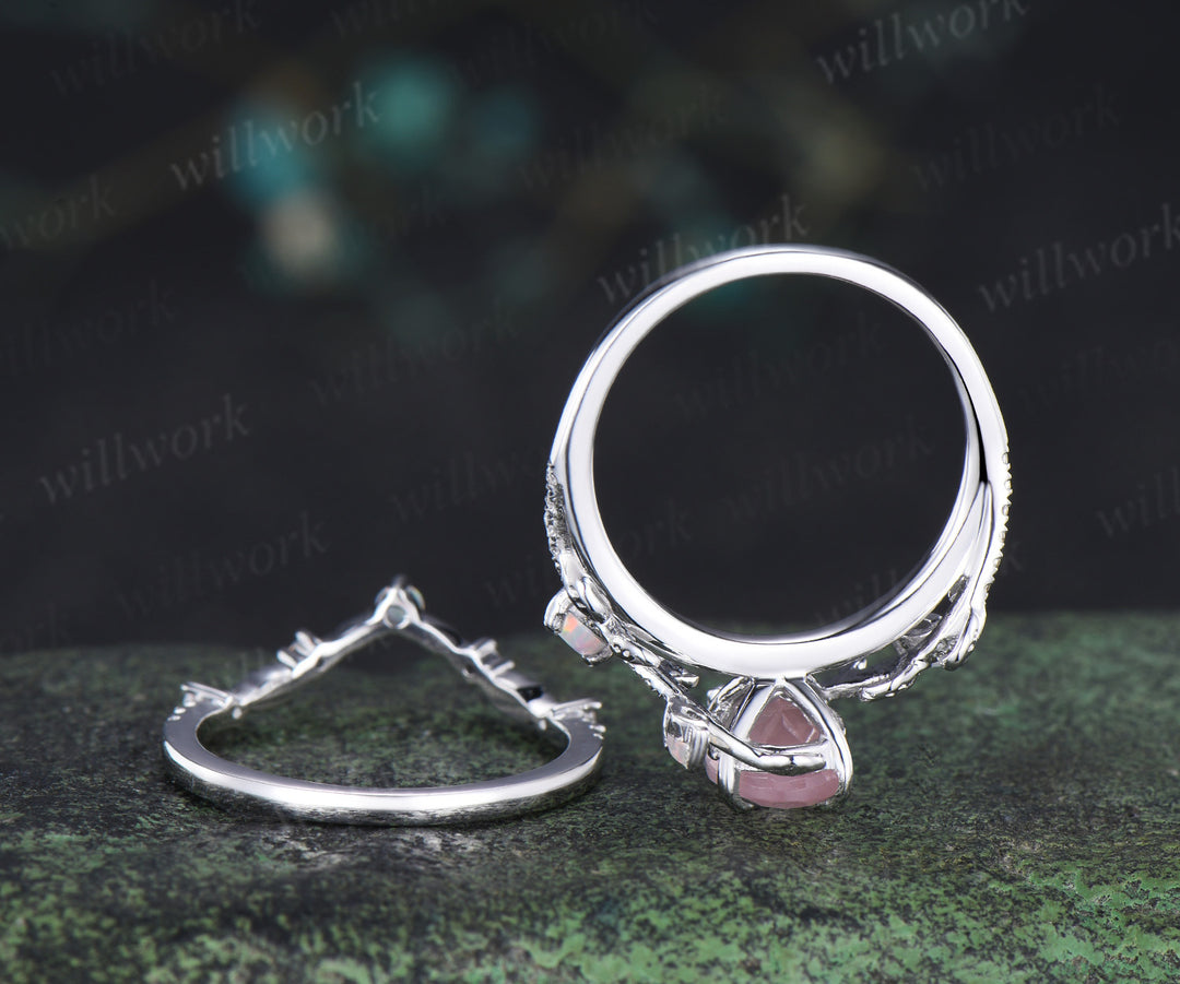 Vintage oval cut rose quartz engagement ring set leaf nature inspired opal moissanite bridal ring matching wedding band gifts for her
