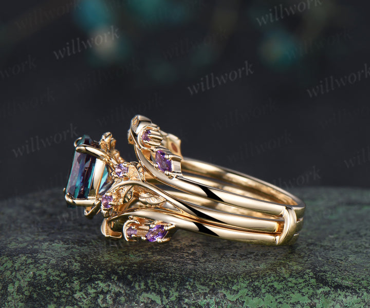 Oval alexandrite engagement ring set leaf twig amethysts ring double layer enhancer wraps band unique brial set
