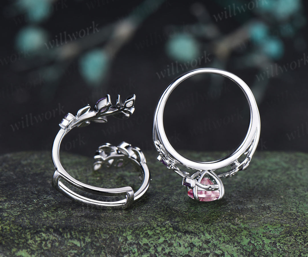 Oval Fantasy Cut Padparadscha Leaf Vine Engagement Ring Amethyst Enhancer Wrap Band Nature Inspired Pink Sapphire Bridal Set