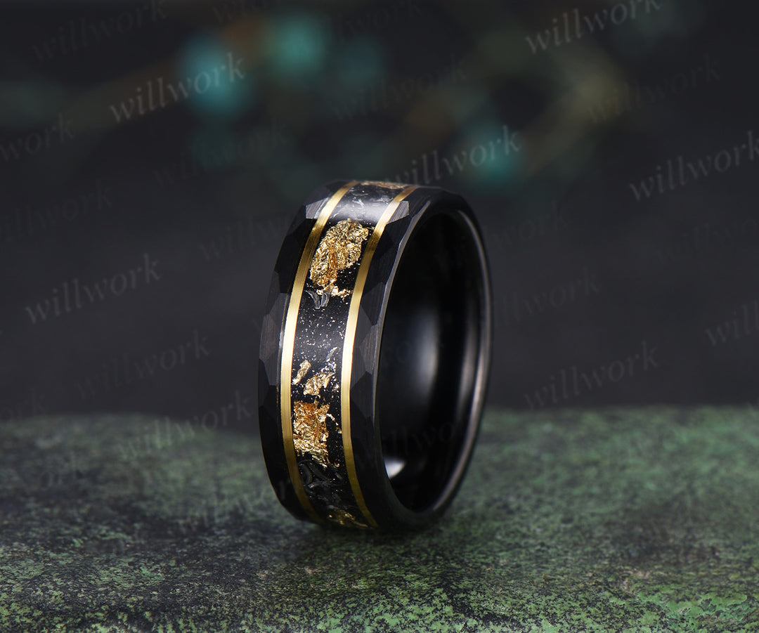 Nature Inspired Oval Blue Sandstone Leaf Ring Set & Tungsten Gold Flakes Men's Ring Unique Couple Wedding Rings