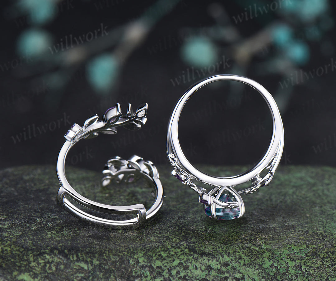 Oval Fantasy Cut Alexandrite Leaf Vine Engagement Ring Amethyst Twig Enhancer Band Nature Inspired Alexandirte Bridal Set