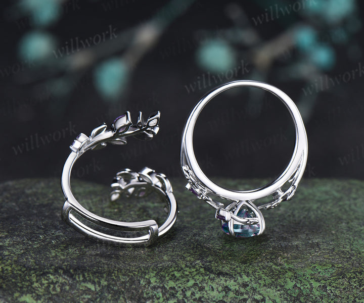 Oval Fantasy Cut Alexandrite Leaf Vine Engagement Ring Amethyst Twig Enhancer Band Nature Inspired Alexandirte Bridal Set