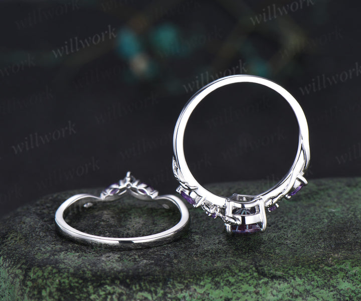 Fireworks cut Alexandrite ring white gold nature inspired bridal ring set leaf amethyst moonstone band gifts for her