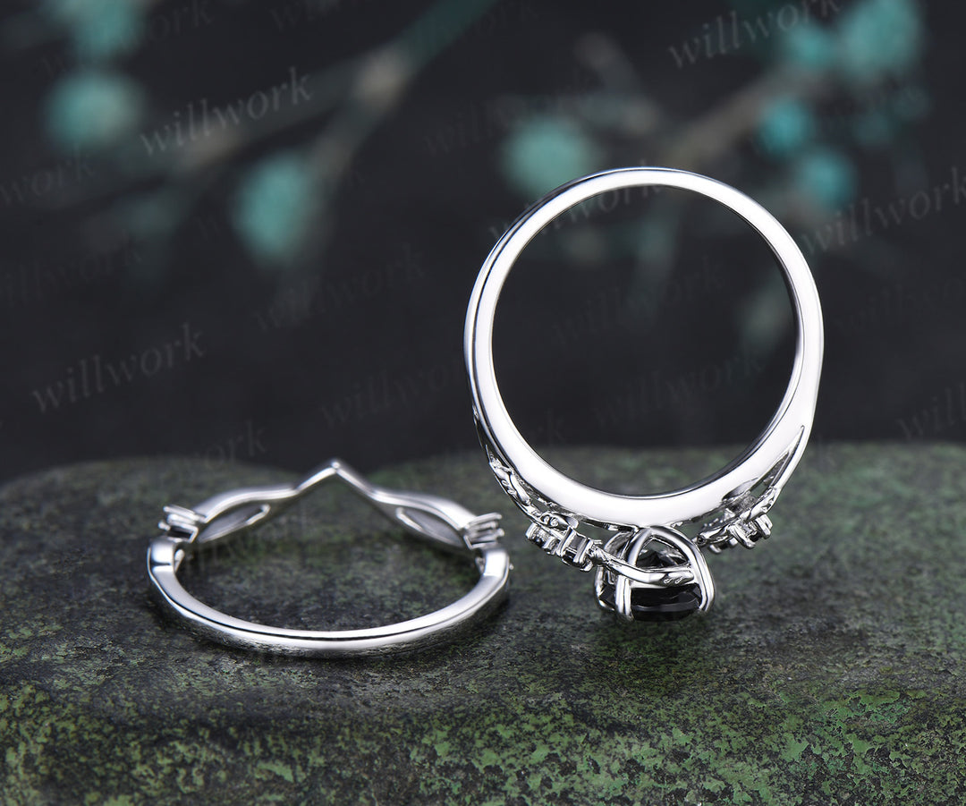 Nature Inspired Oval Cut Black Onyx Engagement Ring Set Leaf Vine Black Diamond Accent Promise Ring Curved Matching Band Unique Bridal Set