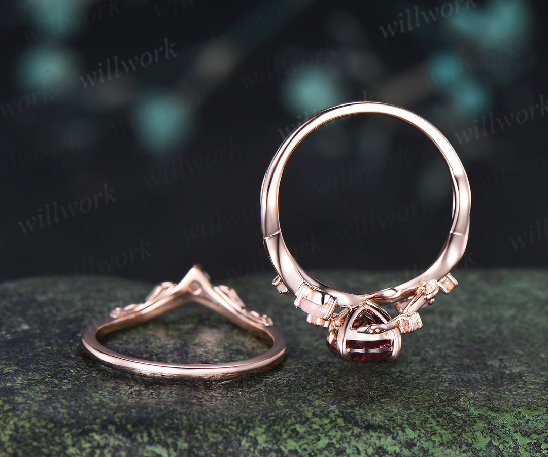 Oval Cut Ruby Split Shank Engagement Ring Set  Marquise Opal Leaf Vine Infinity Ring Matching Stacking Ring Bridal Set