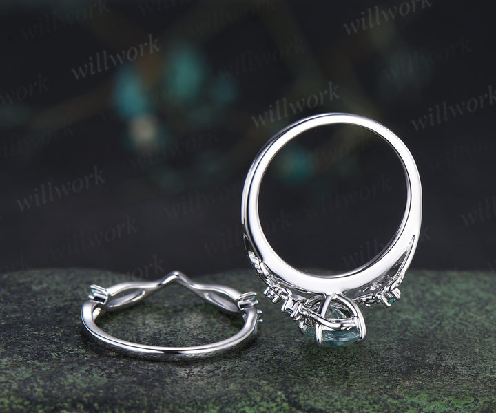 Nature inspired oval moss agate ring set leaf twig engagement ring dainty infinity emerald wedding band