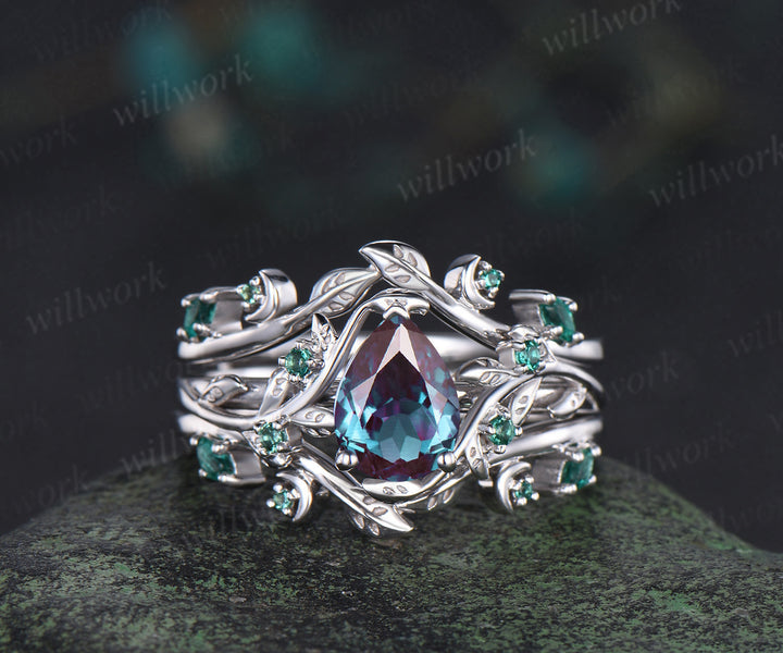 Vintage pear alexandrite engagement ring set leaf twig art deco emerald ring double layer emerald enhancer band unique brial set