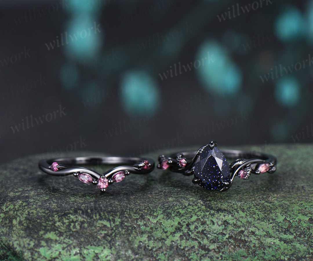 Teardrop blue sandstone ring set black gold leaf vine engagement ring with pink tourmaline accents galaxy gemstone bridal set