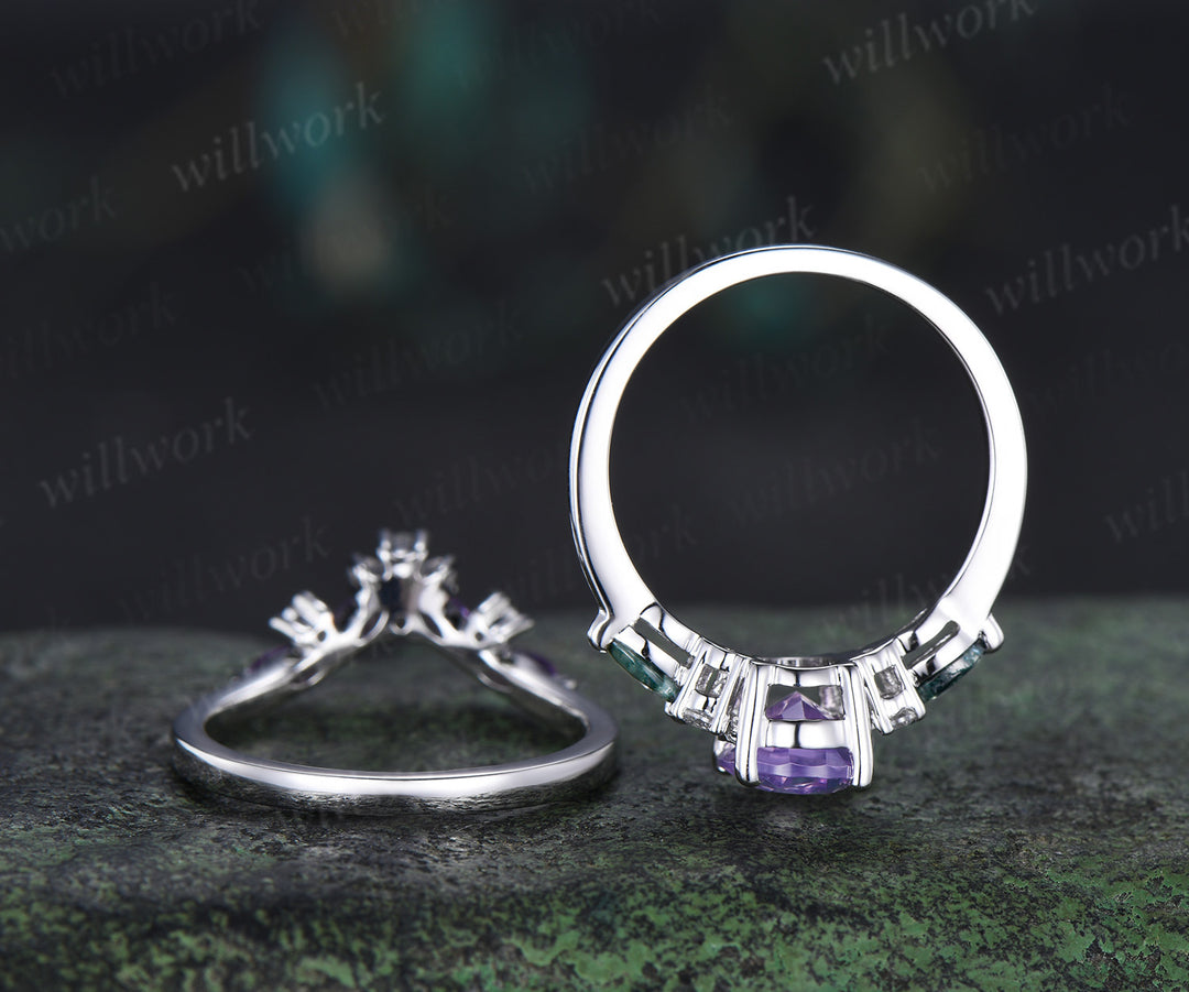 Oval cut lavender amethyst ring set moss agate moissanite engagement ring marquise amethyst wedding band unique bridal set