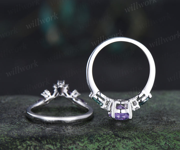 Oval cut lavender amethyst ring set moss agate moissanite engagement ring marquise amethyst wedding band unique bridal set
