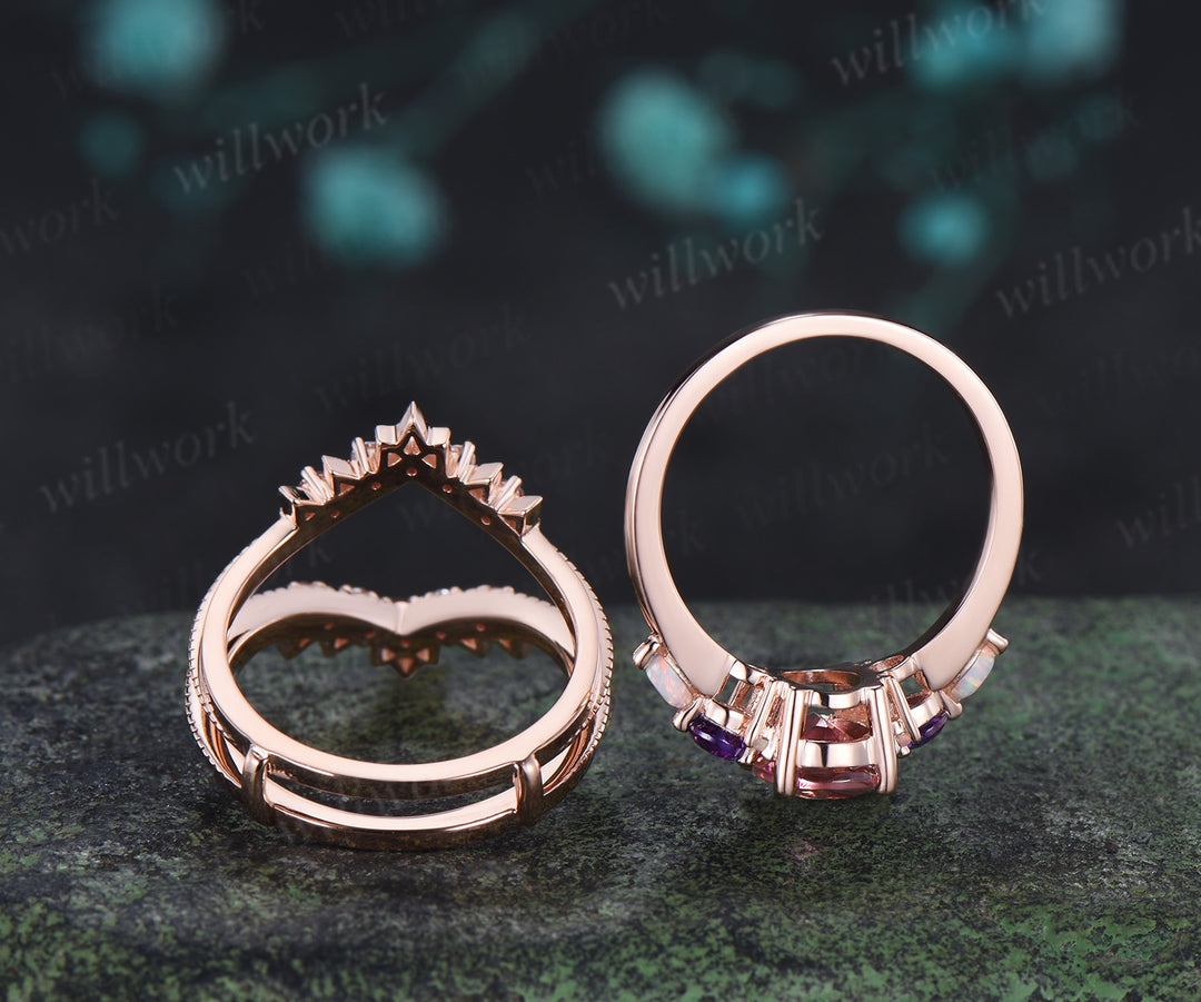 Oval Natural Pink Tourmaline Engagement Ring Set Five Stone Amethyst Opal Art Deco Moissanite Enhancer Band Bridal Set