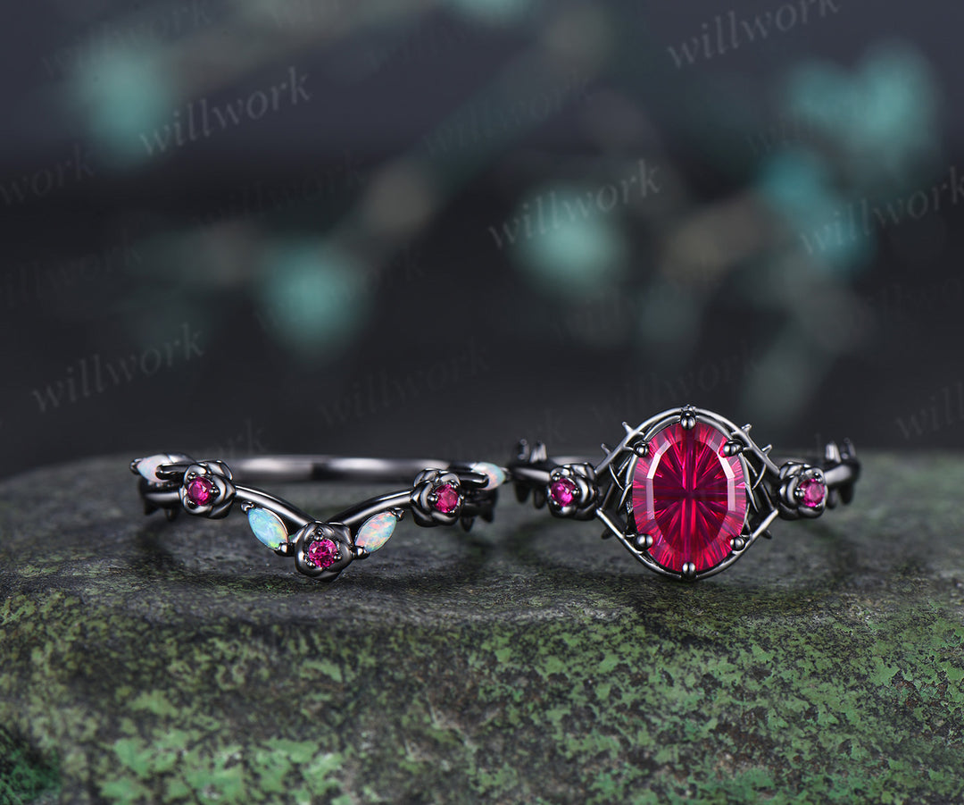 Gothic Oval Fantasy Cut Ruby Engagement Ring Set Black Gold Rose Thorn Ring Opal & Ruby Accent Matching Wedding Band Unique Bridal Set