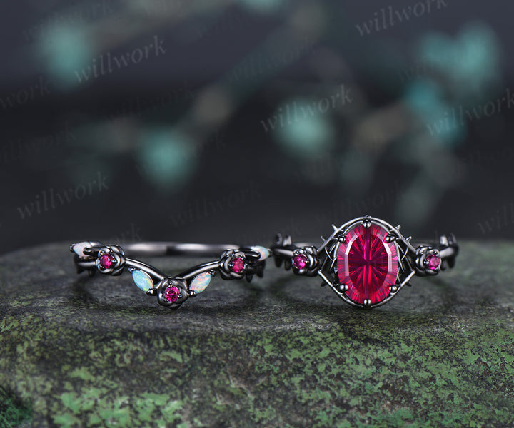Gothic Oval Fantasy Cut Ruby Engagement Ring Set Black Gold Rose Thorn Ring Opal & Ruby Accent Matching Wedding Band Unique Bridal Set