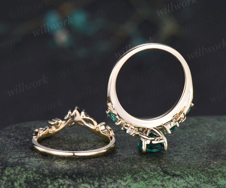 Vintage pear cut emerald engagement ring set pear emerald leaf twig ring celtic knot leaf wedding band unique bridal set