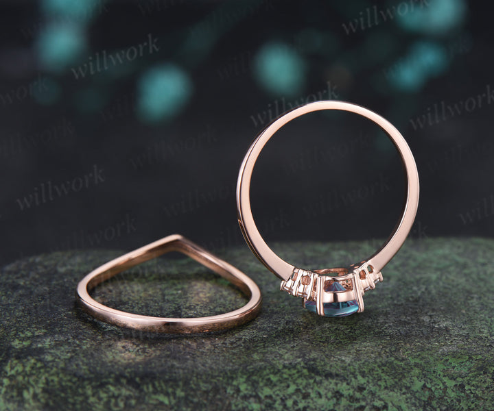 Oval Fantasy Cut Alexandrite Engagement Ring Set Moissanite Cluster Ring Star Wedding Band Color Change Gemstone Bridal Set