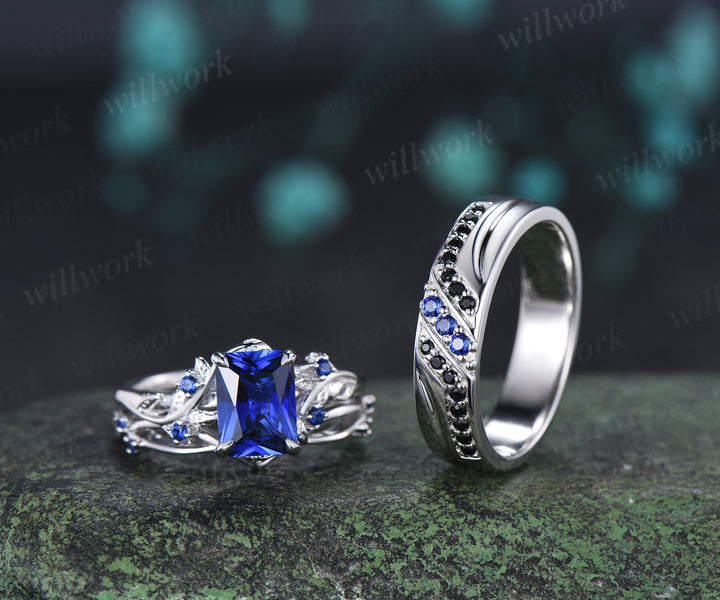 Radianit Cut Sapphire Twig Leaf Ring Set & Round Sapphire Black Spinel Men Wedding Ring Couple Ring Set