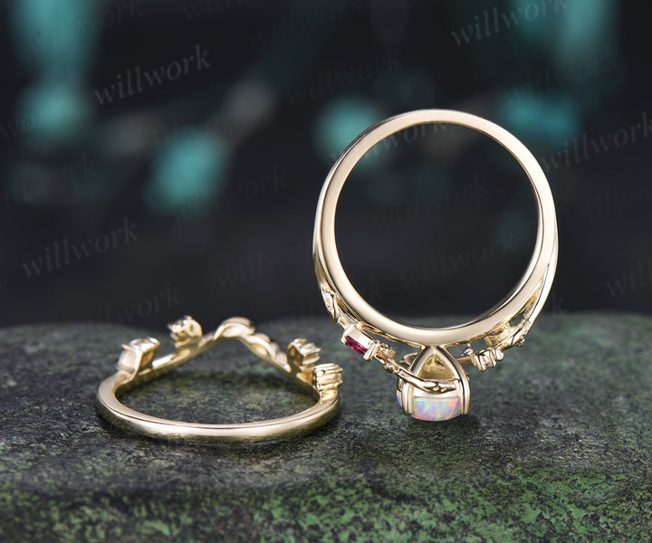 Vintage Teardrop Opal Engagement Ring Set Art Deco Moon Marquise Ruby Leaf Vine Ring Moissanite Band Nature Inspired Bridal Set