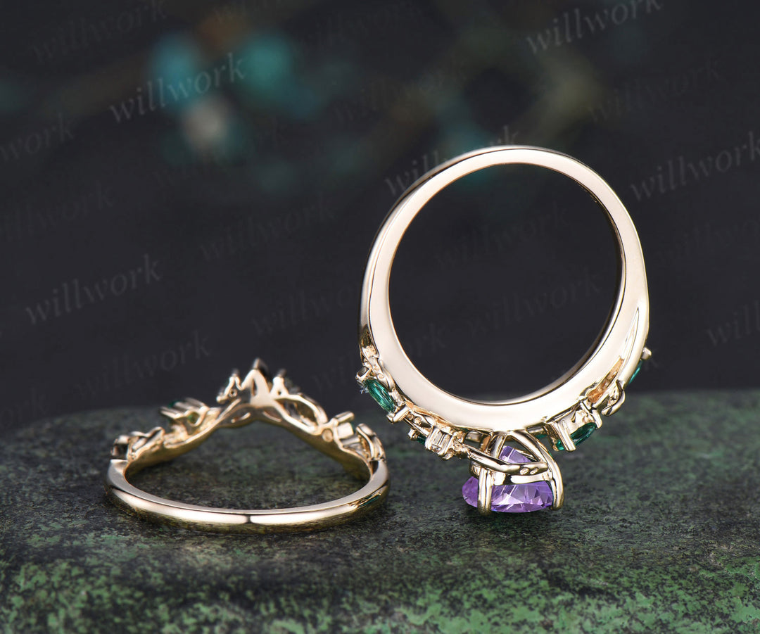 Teardrop Fireworks Cut Amethyst Engagement Ring Leafy Vine Emerald Accent Promise Ring Vintage Celtic Knot Wedding Band Bridal Set