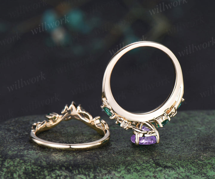 Teardrop Fireworks Cut Amethyst Engagement Ring Leafy Vine Emerald Accent Promise Ring Vintage Celtic Knot Wedding Band Bridal Set