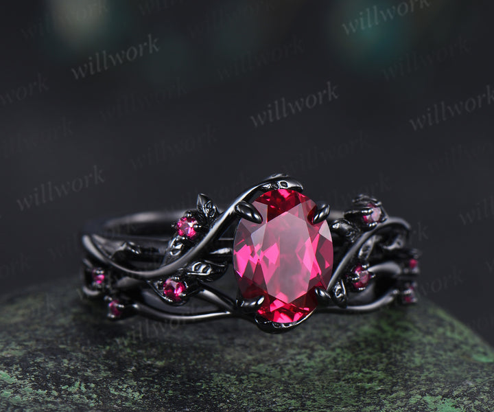 Oval ruby ring set nature inspired black gold engagement ring curved ruby infinity wedding band July birthstone gifts