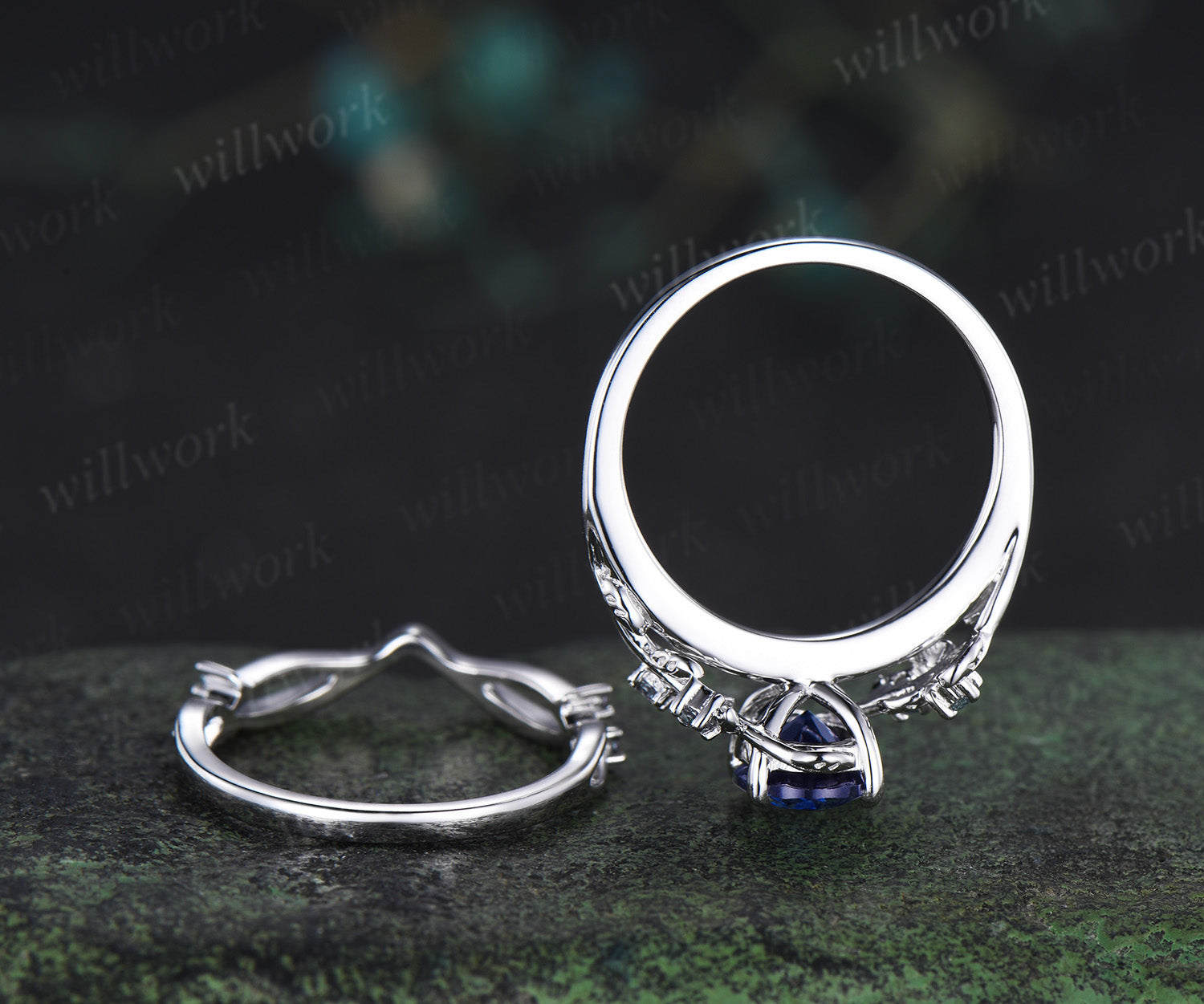 Art Deco Oval Sapphire Engagement Ring Sest Leaf Twig Branch Ring