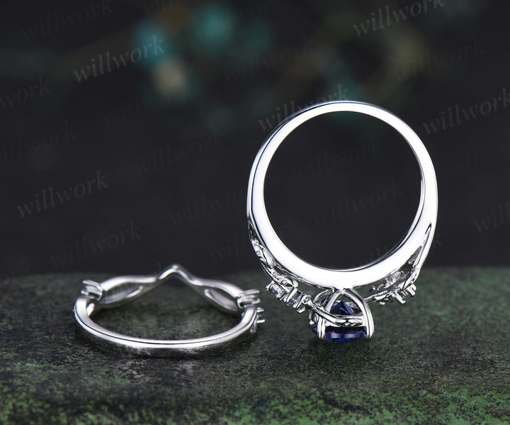 Art Deco Oval Sapphire Engagement Ring Sest Leaf Twig Branch Ring Alexandrite Split Shank Wedding Band Unique 2pc Nature Inspired Bridal Set