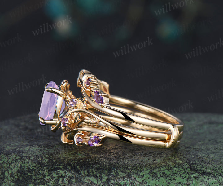 Oval lavender amethyst engagement ring set leaf twig amethysts ring marquise amethyst moon enhancer wraps unique bridal set