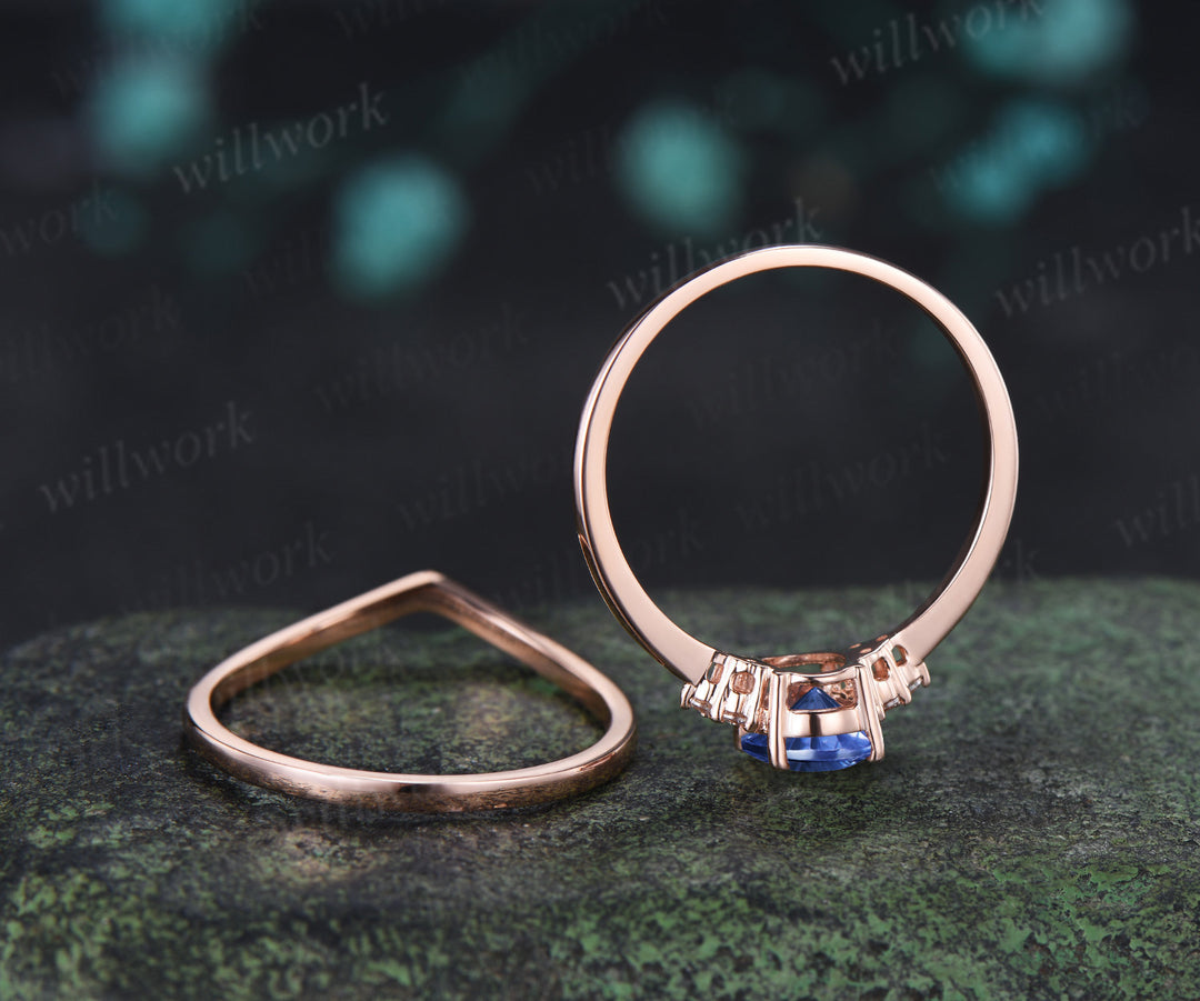 Oval Fantasy Cut Sapphire Engagement Ring Set Moissanite Cluster Promise Ring Star Wedding Band Unique Bridal Set