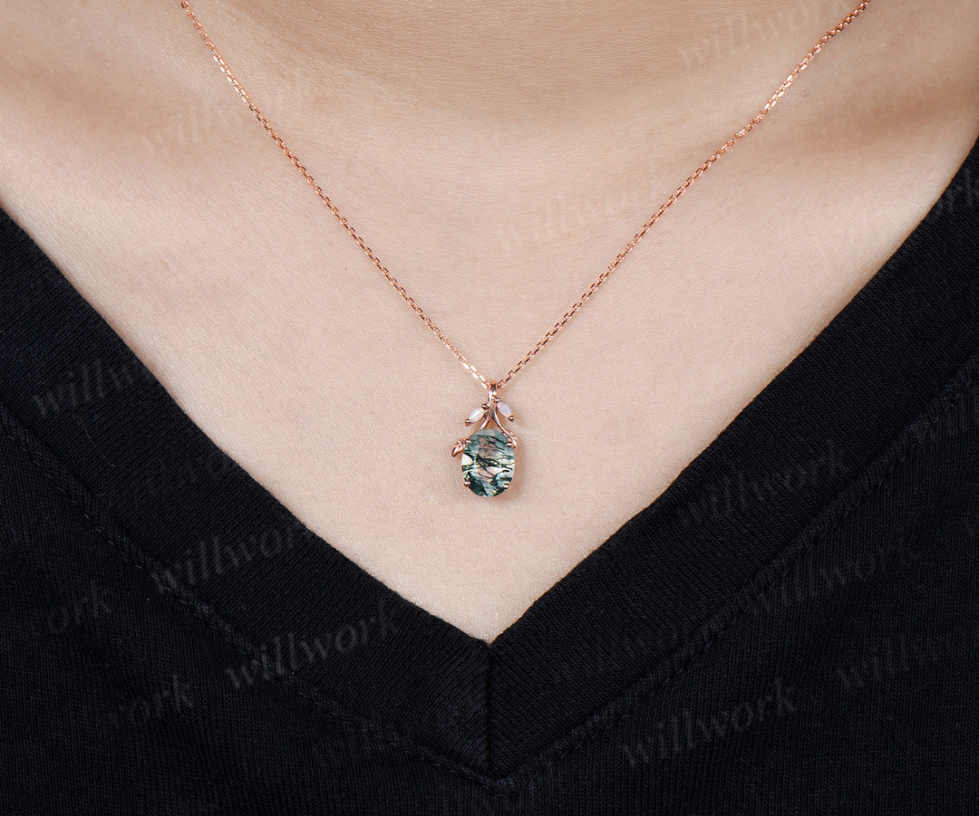 Oval Moss Agate Leaf Necklace Marquise Opal Leaf Necklace Earrings Nature Inspired Twig Jewelry Set