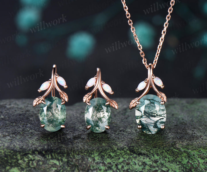Oval Moss Agate Leaf Necklace Marquise Opal Leaf Necklace Earrings Nature Inspired Twig Jewelry Set