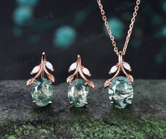 Oval Moss Agate Leaf Necklace Marquise Opal Leaf Necklace Earrings Nature Inspired Twig Jewelry Set