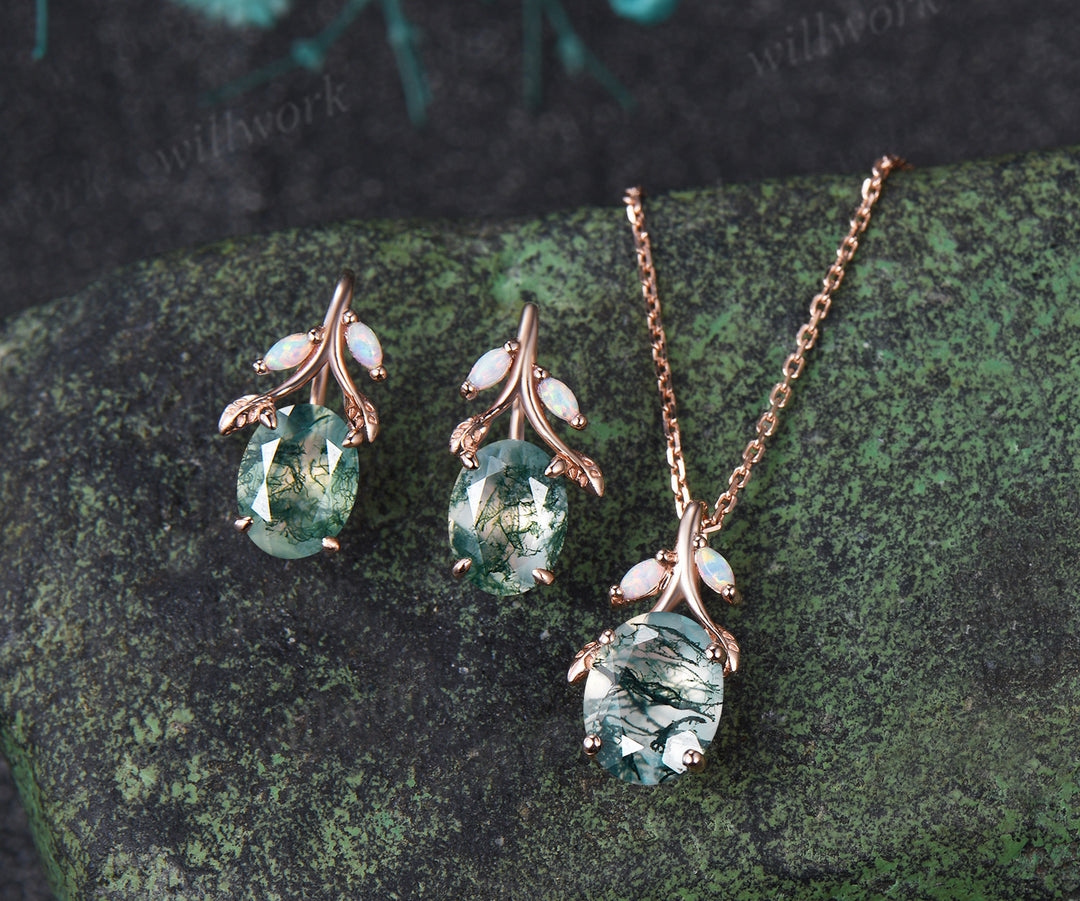 Oval Moss Agate Leaf Necklace Marquise Opal Leaf Necklace Earrings Nature Inspired Twig Jewelry Set