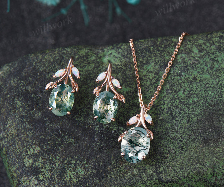 Oval Moss Agate Leaf Necklace Marquise Opal Leaf Necklace Earrings Nature Inspired Twig Jewelry Set