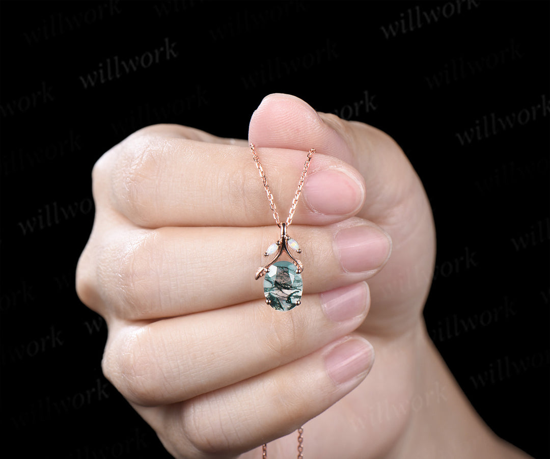 Oval Moss Agate Leaf Necklace Marquise Opal Leaf Necklace Earrings Nature Inspired Twig Jewelry Set