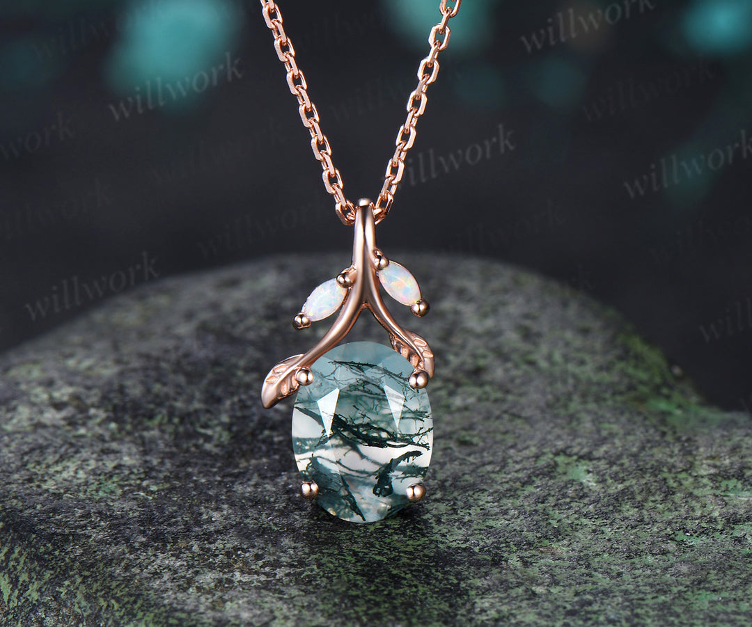 Oval Moss Agate Leaf Necklace Marquise Opal Leaf Necklace Earrings Nature Inspired Twig Jewelry Set